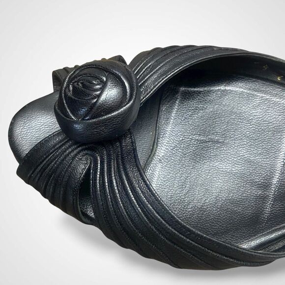 Salvatore Ferragamo Women Black Mule Sandals Sz 7.5 Peep Toe Kitten Heel Leather - Picture 6 of 10